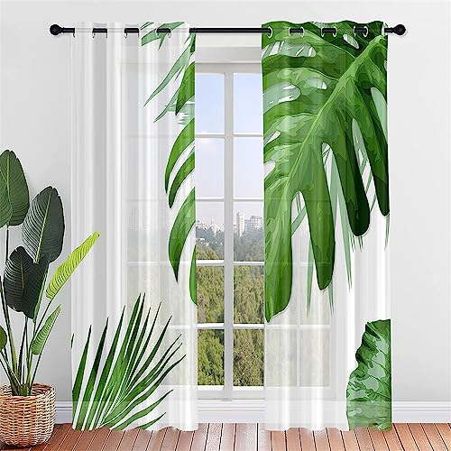 Hiseng Voile Vorhänge mit Ösen Durchsichtig Halbtransparent Ösenvorhang für Fenster Wohnzimmer Schlafzimmer Pflanzen Blätter Moderne Transparent Gardine 2er Set (80x115cm,Weiß einfach) von Hiseng