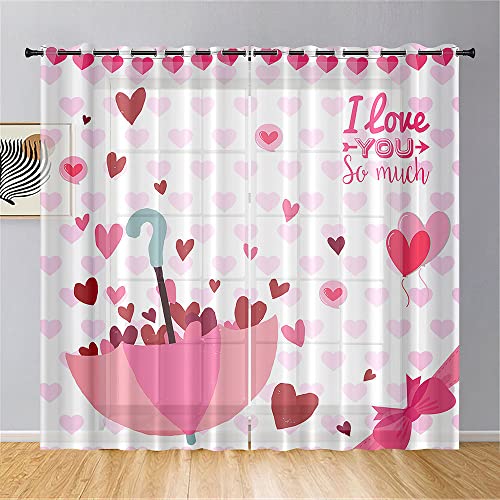 Hiseng Voile Vorhänge mit Ösen Durchsichtig Halbtransparent Ösenvorhang für Fenster Wohnzimmer Schlafzimmer Regenschirm Moderne Elegante Transparent Gardine 2er Set (140x244cm,Rotes Herz) von Hiseng