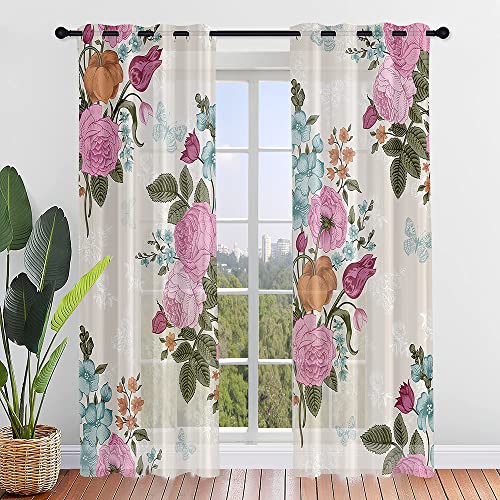 Hiseng Voile Vorhänge mit Ösen Durchsichtig Halbtransparent Ösenvorhang für Fenster Wohnzimmer Schlafzimmer Rosenblume Elegante Transparent Gardine 2er Set (140x244cm,Retro) von Hiseng