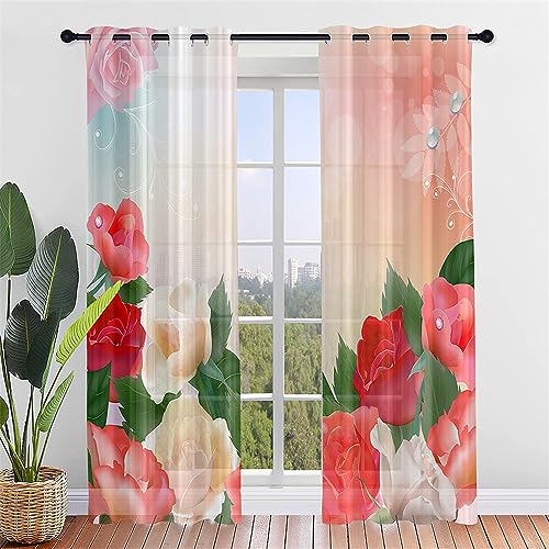 Hiseng Voile Vorhänge mit Ösen Durchsichtig Halbtransparent Ösenvorhang für Fenster Wohnzimmer Schlafzimmer Rote Rose Moderne Transparent Gardine 2er Set (140x244cm,Orange) von Hiseng