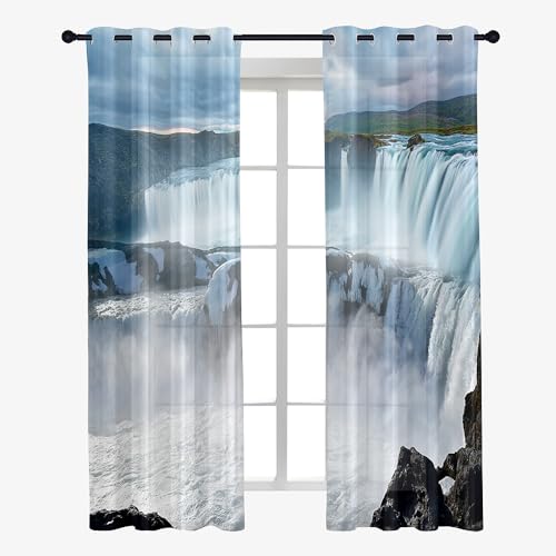 Hiseng Voile Vorhänge mit Ösen Durchsichtig Halbtransparent Ösenvorhang für Fenster Wohnzimmer Schlafzimmer Sommer Wasser Moderne Transparent Gardine 2er Set (132x160cm,Wunderland) von Hiseng