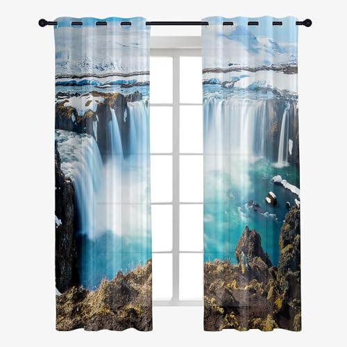 Hiseng Voile Vorhänge mit Ösen Durchsichtig Halbtransparent Ösenvorhang für Fenster Wohnzimmer Schlafzimmer Sommer Wasser Moderne Transparent Gardine 2er Set (132x213cm,Blauer Ozean) von Hiseng