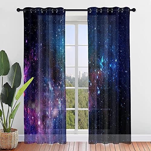 Hiseng Voile Vorhänge mit Ösen Durchsichtig Halbtransparent Ösenvorhang für Fenster Wohnzimmer Schlafzimmer Sternenklarer Himmel Transparent Moderne Gardine 2er Set (140x244cm,Galaxis) von Hiseng