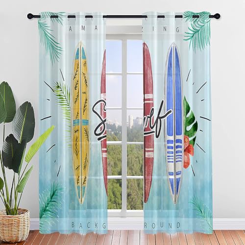 Hiseng Voile Vorhänge mit Ösen Durchsichtig Halbtransparent Ösenvorhang für Fenster Wohnzimmer Schlafzimmer Surfbrett Moderne Transparent Gardine 2er Set (Tropische Blätter,107x160cm) von Hiseng