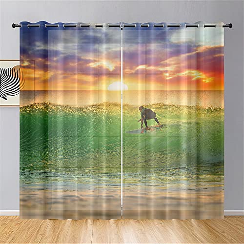 Hiseng Voile Vorhänge mit Ösen Durchsichtig Halbtransparent Ösenvorhang für Fenster Wohnzimmer Schlafzimmer Surfing Druck Moderne Elegante Transparent Gardine 2er Set (107x213cm,Türkis) von Hiseng