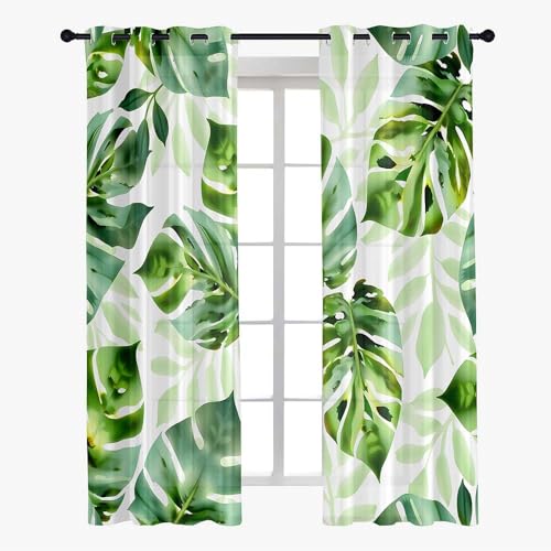 Hiseng Voile Vorhänge mit Ösen Durchsichtig Halbtransparent Ösenvorhang für Fenster Wohnzimmer Schlafzimmer Transparent Gardine 2er Set -3D Tropische Blätter Druck (grün,107x160cm) von Hiseng
