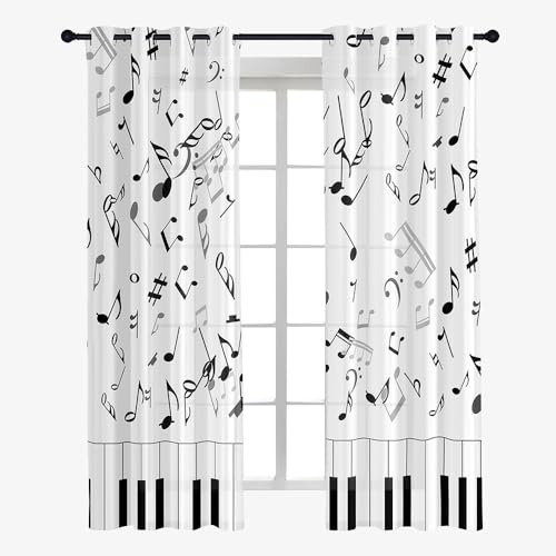 Hiseng Voile Vorhänge mit Ösen Durchsichtig Halbtransparent Ösenvorhang für Fenster Wohnzimmer Schlafzimmer Transparent Gardine 2er Set -Musiksymbole Druck (Klavier,132x182cm) von Hiseng
