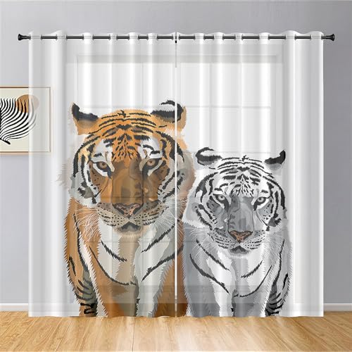 Hiseng Voile Vorhänge mit Ösen Durchsichtig Halbtransparent Ösenvorhang für Fenster Wohnzimmer Schlafzimmer Transparent Tiger Tier Druck Moderne Gardine 2er Set (Grauer Tiger,107x160cm) von Hiseng