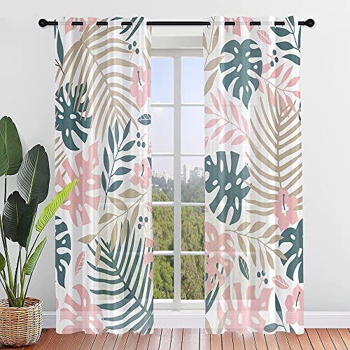 Hiseng Voile Vorhänge mit Ösen Durchsichtig Halbtransparent Ösenvorhang für Fenster Wohnzimmer Schlafzimmer Tropisch Pflanzen Moderne Elegante Transparent Gardine 2er Set (140x244cm,Hawaii) von Hiseng