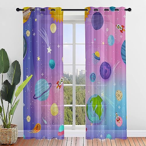 Hiseng Voile Vorhänge mit Ösen Durchsichtig Halbtransparent Ösenvorhang für Kinder Fenster Wohnzimmer Schlafzimmer Moderne und Elegante Transparent Gardine 2er Set (140x213cm,Weltraum) von Hiseng