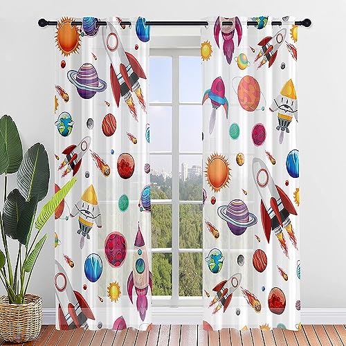 Hiseng Voile Vorhänge mit Ösen Durchsichtig Halbtransparent Ösenvorhang für Kinder Fenster Wohnzimmer Schlafzimmer Moderne und Elegante Transparent Gardine 2er Set (80x115cm,Rakete) von Hiseng