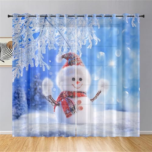 Hiseng Voile Vorhänge mit Ösen Durchsichtig Halbtransparent Ösenvorhang für Schneemann Weihnachten Fenster Wohnzimmer Schlafzimmer Transparent Gardine 2er Set (80x115cm,Blauer Winter) von Hiseng
