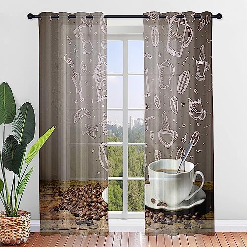 Hiseng Voile Vorhänge mit Ösen Durchsichtig Moderne Halbtransparent 2er Set Ösenvorhang für Fenster Wohnzimmer Schlafzimmer 3D Druck Elegante Transparent Gardine (55x95cm,Kaffee F) von Hiseng