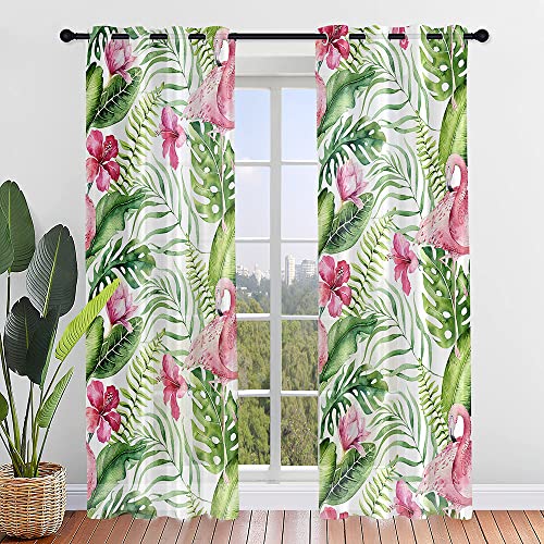 Hiseng Voile Vorhänge mit Ösen Durchsichtig Moderne Halbtransparent 2er Set Ösenvorhang für Fenster Wohnzimmer Schlafzimmer 3D Flamingo Muster Elegante Transparent Gardine (107x213cm,Hibiskus) von Hiseng
