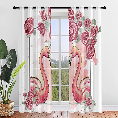 Hiseng Voile Vorhänge mit Ösen Durchsichtig Moderne Halbtransparent 2er Set Ösenvorhang für Fenster Wohnzimmer Schlafzimmer 3D Flamingo Muster Elegante Transparent Gardine (140x160cm,Rose) von Hiseng
