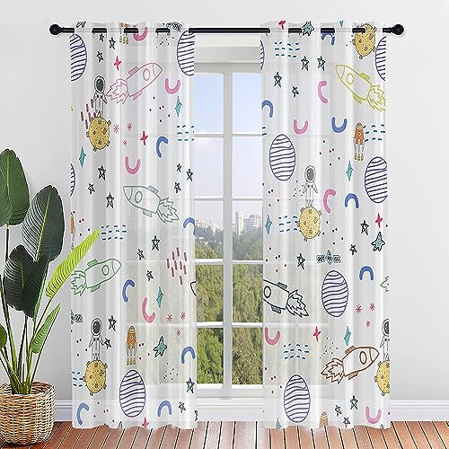 Hiseng Voile Vorhänge mit Ösen Durchsichtig Moderne Halbtransparent 2er Set Ösenvorhang für Fenster Wohnzimmer Schlafzimmer 3D Planetenmuster Elegante Transparent Gardine (80x115cm,Rakete) von Hiseng