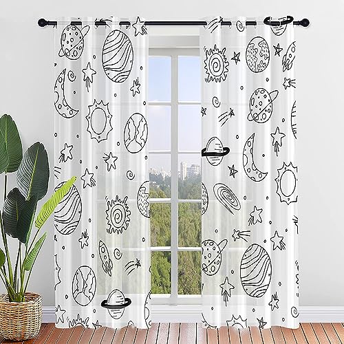 Hiseng Voile Vorhänge mit Ösen Durchsichtig Moderne Halbtransparent 2er Set Ösenvorhang für Fenster Wohnzimmer Schlafzimmer 3D Planetenmuster Elegante Transparent Gardine (80x115cm,Weiß) von Hiseng