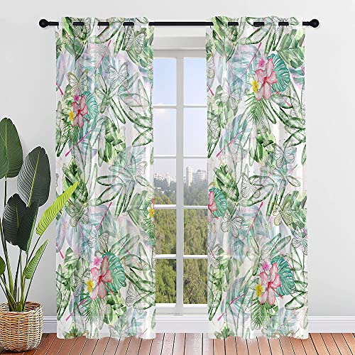 Hiseng Voile Vorhänge mit Ösen Durchsichtig Moderne Halbtransparent Ösenvorhang für Fenster Wohnzimmer Schlafzimmer 3D Druck Elegante Transparent Gardine 2er Set (W107xH160cm,Blätter 5) von Hiseng