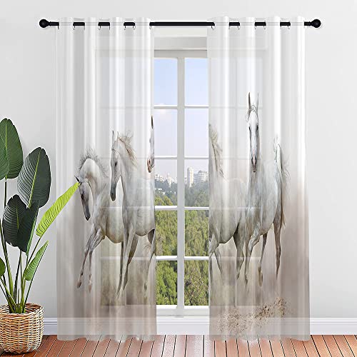 Hiseng Voile Vorhänge mit Ösen Durchsichtig Moderne Halbtransparent Ösenvorhang für Fenster Wohnzimmer Schlafzimmer 3D Druck Elegante Transparent Gardine 2er Set (W107xH160cm,Pferd Muster 4) von Hiseng