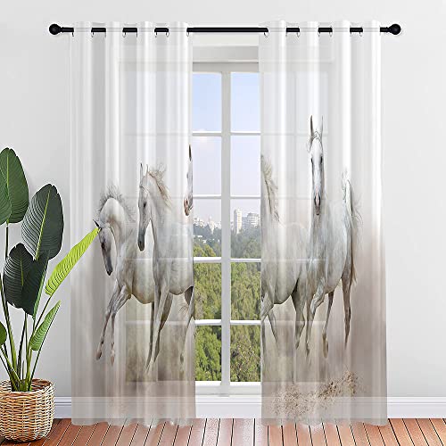 Hiseng Voile Vorhänge mit Ösen Durchsichtig Moderne Halbtransparent Ösenvorhang für Fenster Wohnzimmer Schlafzimmer 3D Druck Elegante Transparent Gardine 2er Set (W132xH182cm,Pferd Muster 4) von Hiseng