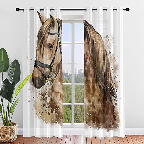 Hiseng Voile Vorhänge mit Ösen Durchsichtig Moderne Halbtransparent Ösenvorhang für Fenster Wohnzimmer Schlafzimmer 3D Druck Elegante Transparent Gardine 2er Set (W132xH244cm,Pferd Muster 6) von Hiseng