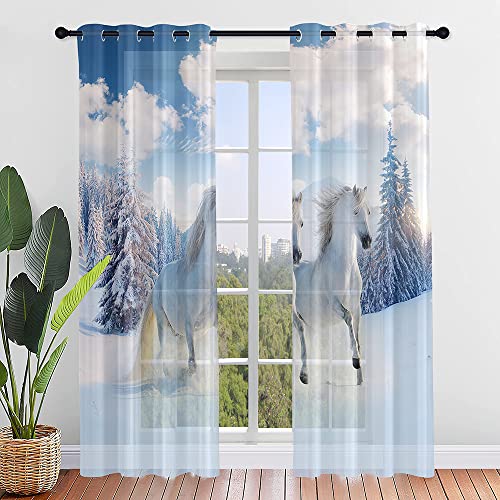 Hiseng Voile Vorhänge mit Ösen Durchsichtig Moderne Halbtransparent Ösenvorhang für Fenster Wohnzimmer Schlafzimmer 3D Druck Elegante Transparent Gardine 2er Set (W140xH160cm,Pferd Muster 7) von Hiseng