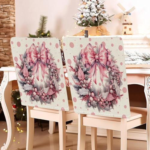 Hiseng Weihnachten Stuhlhussen Rosa Stuhlrückenbezug 2/4/6/8er Set, 58x49cm Schutzhülle Baumwoll-Leinen Weihnachten Dekoration für Esszimmerstühle, Party (Schleife Kranz,4er Set) von Hiseng