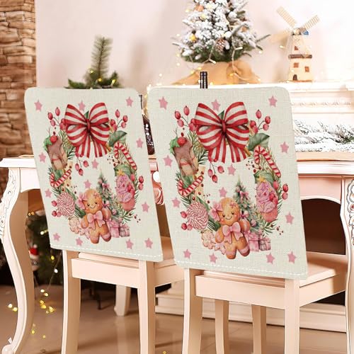 Hiseng Weihnachten Stuhlhussen Weiß Rosa Stuhlrückenbezug 2/4/6/8er Set, 58x49cm Schutzhülle Baumwoll-Leinen Weihnachten Dekoration für Esszimmerstühle, Party (Kranz,4er Set) von Hiseng