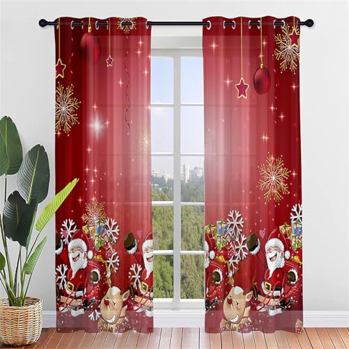 Hiseng Weihnachten Voile Vorhänge mit Ösen Durchsichtig Halbtransparent Ösenvorhang für Fenster Wohnzimmer Schlafzimmer Elegant Rot Transparent Gardine 2er Set (107x213cm,Leuchtenden) von Hiseng