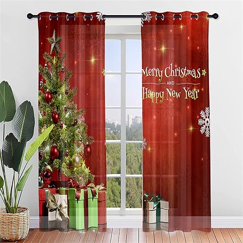 Hiseng Weihnachten Voile Vorhänge mit Ösen Durchsichtig Halbtransparent Ösenvorhang für Fenster Wohnzimmer Schlafzimmer Elegant Rot Transparent Gardine 2er Set (107x213cm,Weihnachtsbaum) von Hiseng