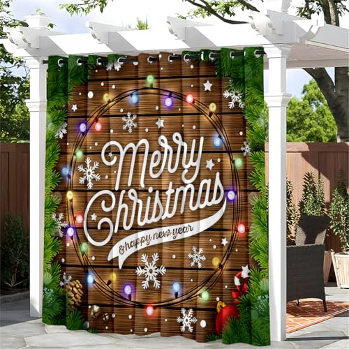 Hiseng Weihnachten Wasserdicht Outdoor Vorhang, Kunststil Vorhang Outdoor Pergola Vorhang Outdoorvorhänge Wetterfest Sichtschutz Sonnenschutz Balkon für Pavillon (180x243cm,Frohe Weihnachten) von Hiseng