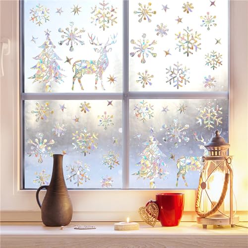 Hiseng Weihnachtsbaum/Schneeflocke/Elch Form Suncatcher Fensterbilder, 2 Blatt (50 Stück) Fensteraufkleber Fenster Abziehbilder Fensterdeko Aufkleber Fenster Aufkleber, Doppelseitig (Schneeflocke) von Hiseng