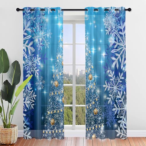 Hiseng Weihnachtsbaum Voile Vorhänge mit Ösen Durchsichtig Halbtransparent Ösenvorhang für Fenster Wohnzimmer Schlafzimmer Moderne Transparent Gardine 2er Set (140x160cm,Blau) von Hiseng