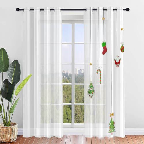 Hiseng Weihnachtsbaum Voile Vorhänge mit Ösen Durchsichtig Halbtransparent Ösenvorhang für Fenster Wohnzimmer Schlafzimmer Moderne Transparent Gardine 2er Set (140x160cm,Weiß) von Hiseng