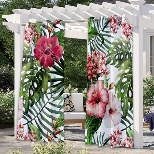 Hiseng wasserdichte Vorhänge Outdoor, 3D Grün Blatt Muster Outdoorvorhänge Wetterfest 2 Stück Verdunkelungsvorhang Blickdicht Sichtschutz Sonnenschutz Vorhang (137x203cm,Rot Blume) von Hiseng