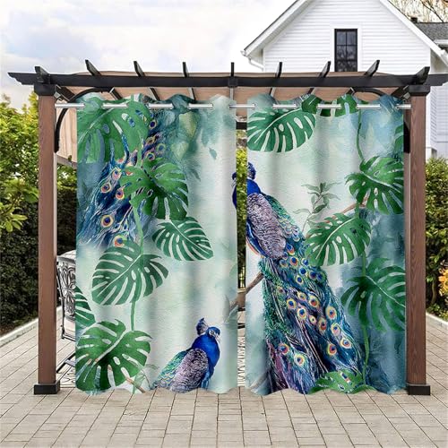 Hiseng wasserdichte Vorhänge Outdoor, 3D Monstera Blätter Muster Outdoorvorhänge Wetterfest 2 Stück Verdunkelungsvorhang Blickdicht Sichtschutz Sonnenschutz Vorhang (101x213cm,Blau Pfau) von Hiseng