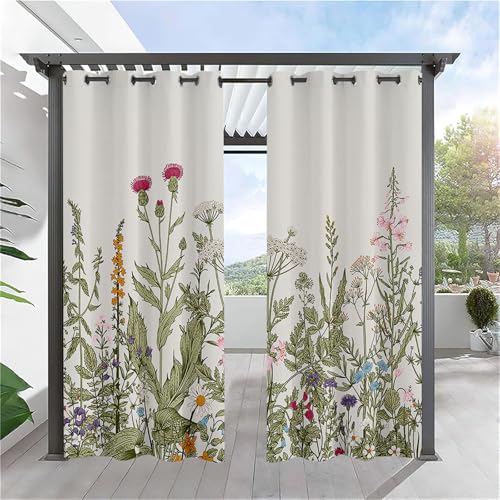 Hiseng wasserdichte Vorhänge Outdoor, 3D Pflanze Drucken Outdoorvorhänge Wetterfest 2 Stück Verdunkelungsvorhang Blickdicht mit Ösen Sichtschutz Sonnenschutz Vorhang (137x203cm,Grün Pflanze) von Hiseng