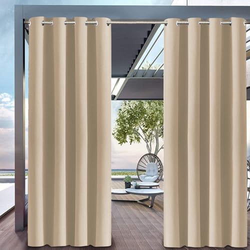 Hiseng wasserdichte Vorhänge Outdoor, Outdoorvorhänge Wetterfest Blickdicht Verdunkelungsvorhang mit Ösen 1 Stück Sichtschutz Sonnenschutz Vorhang für Garten Balkon (180x213cm,Khakifarbe) von Hiseng