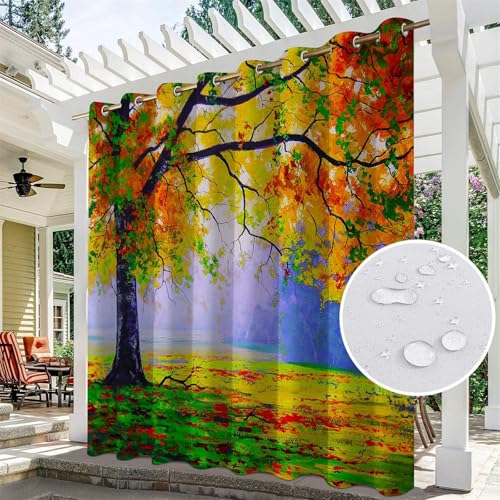 Hiseng wasserdichte Vorhänge Outdoor, Wald Muster Outdoorvorhänge Wetterfest Blickdicht Verdunkelungsvorhang mit Ösen 1 Stück Sichtschutz Sonnenschutz Vorhang für Garten (150x166cm,Ölgemälde) von Hiseng