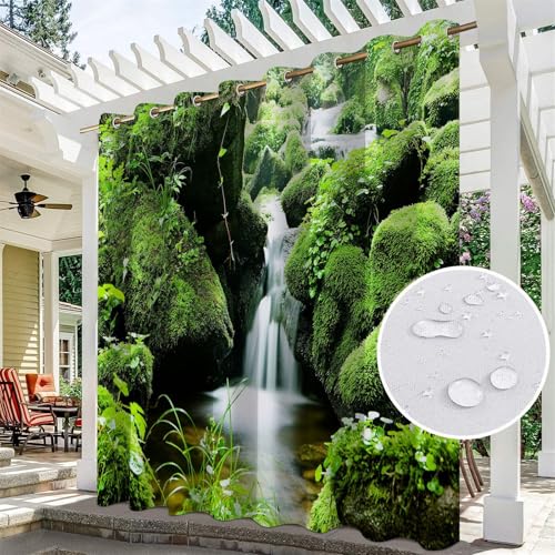 Hiseng wasserdichte Vorhänge Outdoor, Wald Muster Outdoorvorhänge Wetterfest Blickdicht Verdunkelungsvorhang mit Ösen 1 Stück Sichtschutz Sonnenschutz Vorhang für Garten (210x230cm,Wasserfluss) von Hiseng