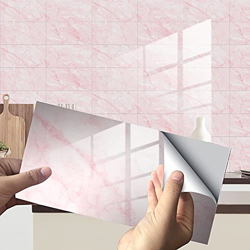 Küchenrückwand Fliesenaufkleber, Hiser Rechteck 3D Marmor Muster Mosaik Wasserdicht Ölfest Stickerfliesen Deko Selbstklebende für Küche Badezimmer Wohnzimmer, 30x15cm (Rosa,4Stück) von Hiseng