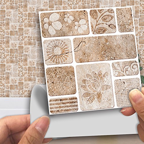 Hiser 18 Stück Küchenrückwand Fliesenaufkleber, Böhmen Mosaik Stil Wasserdicht Ölfest Stickerfliesen Marmor Deko Selbstklebende für Badezimmer Wohnzimmer Dekoration (Gelbes Böhmen,10 x 10 cm) von Hiser