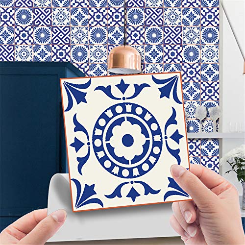 Hiser 24 Stück Küchenrückwand Fliesenaufkleber, Luxus Retro marokkanischen Stil Wasserdicht Ölfest Stickerfliesen Deko Selbstklebende für Küche Badezimmer Wohnzimmer Dekoration (Blau,15x15cm) von Hiser