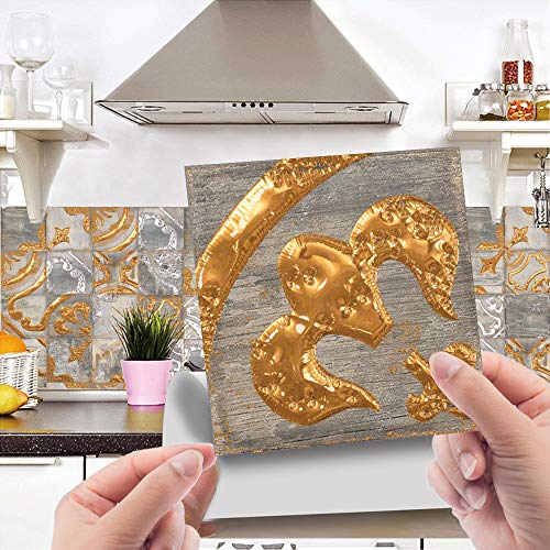 Hiser 24 Stück Küchenrückwand Fliesenaufkleber, Luxus Retro marokkanischen Stil Wasserdicht Ölfest Stickerfliesen Deko Selbstklebende für Küche Badezimmer Wohnzimmer Dekoration (Golden,20x20cm) von Hiser