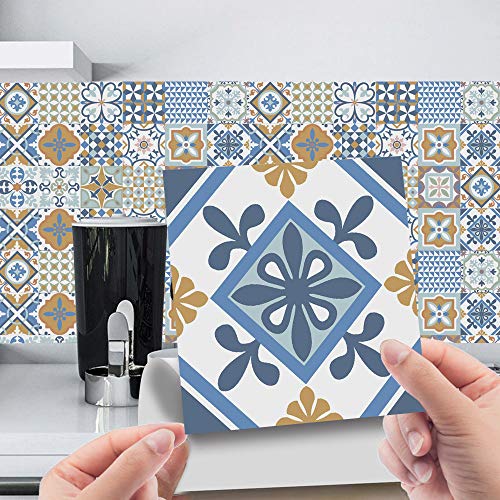 Hiser 24 Stück Küchenrückwand Fliesenaufkleber, Luxus Retro marokkanischen Stil Wasserdicht Ölfest Stickerfliesen Deko Selbstklebende für Küche Badezimmer Wohnzimmer Dekoration (Khaki,10x10cm) von Hiser