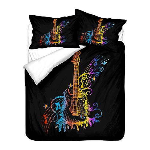 Hiser Bettwäsche-Set 3 Teilig - 3D Musik Gitarre Hinweis Bedrucktes Bettwäsche Set - Mikrofaser Bettbezug und Kissenbezug - Erwachsene Kinder Bettwäsche-Set (Gradient Gitarre,200x200cm) von Hiser