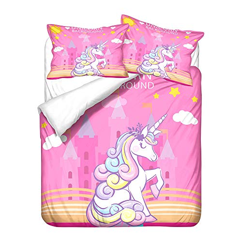 Hiser Bettwäsche-Set 3 Teilig - Einhorn Drucken Bettwäsche Set - Mikrofaser Bettbezug und Kissenbezug - 3D Bedrucktes Erwachsene Kinder Bettwäsche-Set (Prinzessin Schloss,180x220cm) von Hiser