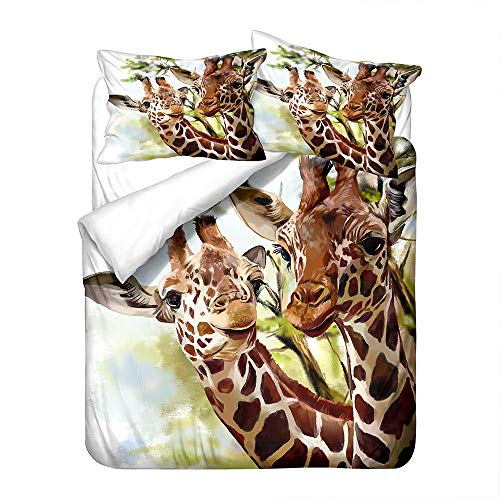 Hiser Bettwäsche-Set 3 Teilig Giraffe Drucken Bettwäsche Set - Mikrofaser Bettbezug und Kissenbezug - 3D Bedrucktes Erwachsene Kinder Bettwäsche-Set (Giraffenpaar,135x200cm) von Hiser