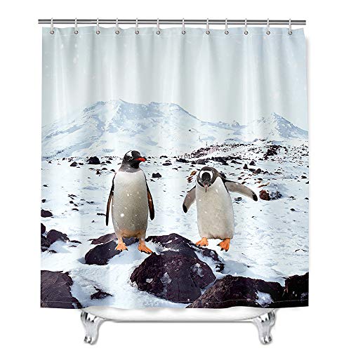 Hiser Duschvorhang aus Polyester Wasserdichter, Waschbare Duschvorhänge mit 12 Duschvorhangringen, 3D Pinguin Druck Badewannevorhang für Badezimmer (Felsen,120x180cm) von Hiser