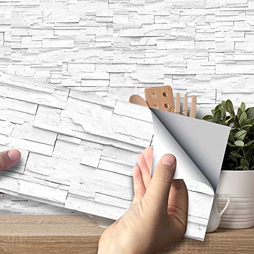 Hiser Küchenrückwand Fliesenaufkleber, 3D Wandfliesen Stil Wasserdicht Ölfest Stickerfliesen Deko Selbstklebende für Küche Badezimmer Wohnzimmer Dekoration (Weißer Steinziegel,27 Stück) von Hiser